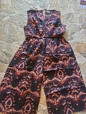 Cost Plus World Market Black Jumpsuit with Red Paisley Motif